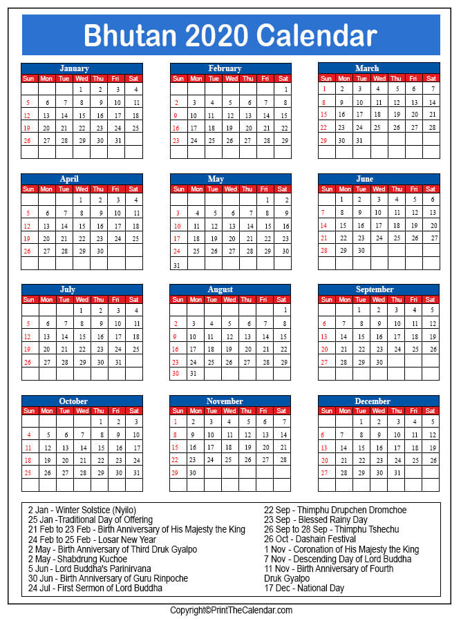 Bhutan Printable Calendar 2020